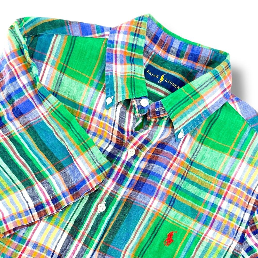 Ralph Lauren LINEN Plaid Shirt Mens M Green Preppy Resort Summer Button Down